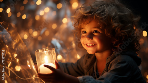 Par une nuit étoilée, un enfant lâche son ballon. Il s'envole, touchant une étoile qui, en réponse, scintille plus fort, illuminant son sourire. photo