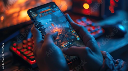 Close-up of a person deeply engaged in playing an action-packed mobile game on their smartphone, with a gaming keyboard in the background. photo