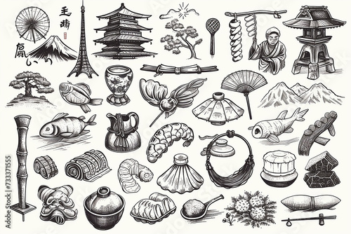 Japanese doodle set theater elements. Kumadori mask. Kimono ornament. Asia culture symbols bundle. Chinese sketches. Asian drawings collection. China. Japan. Oriental vector sketch. photo