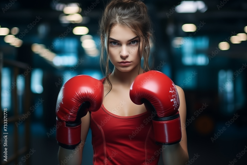 Portrait of a boxer girl in gloves against the backdrop of the gym