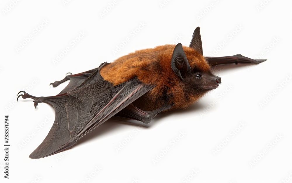 Obraz premium A bat captured in a gliding pose with its brown fur and wings fully extended against a white backdrop.