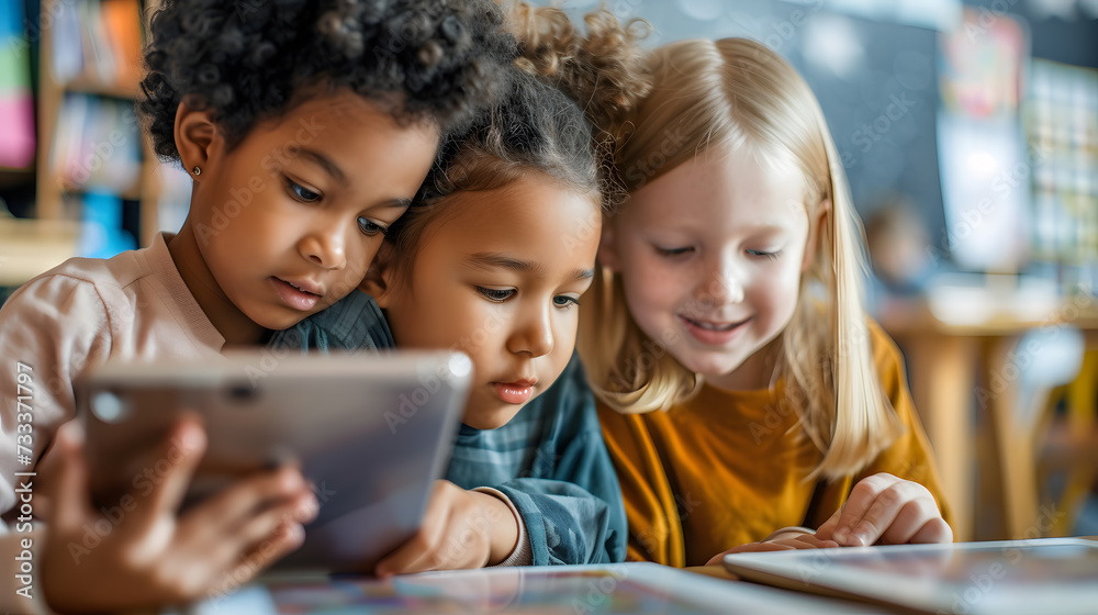 Preschool students looking at something on a digital tablet together. Preschool students looking at something on a digital tablet together.