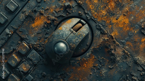 Close-up of a decrepit computer mouse and keyboard covered in rust and corrosion, depicting obsolescence and the passage of time.