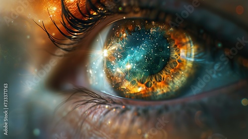 A stunning macro shot of a human eye with a reflection of the cosmos, blending the beauty of the universe with the intricacy of the eye.