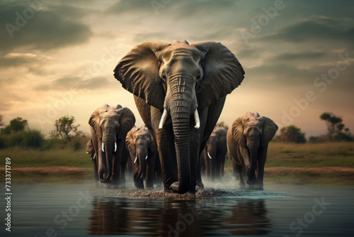 elephant herd is walking through the water in wilderness. animals in their natural habitat.