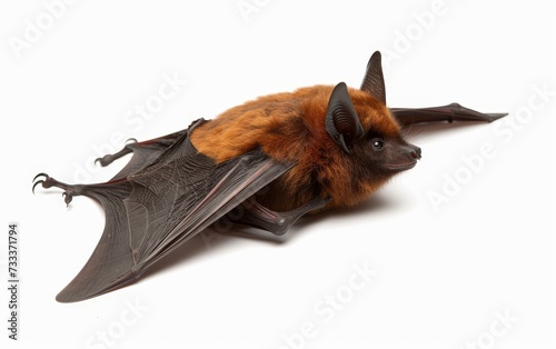 A bat captured in a gliding pose with its brown fur and wings fully extended against a white backdrop.