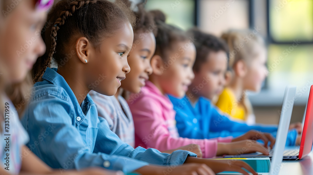 Children sitting in row at school classroom and using laptops Children sitting in row at school classroom and using laptops
