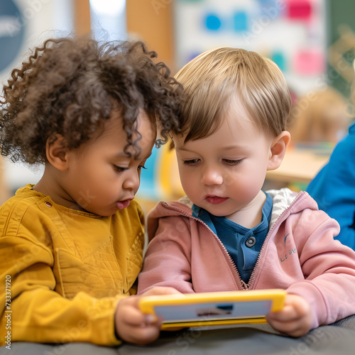 Preschool students looking at something on a digital tablet together.