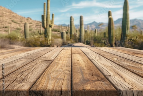 Empty wooden table over cacti in the desert background. Summer product display.