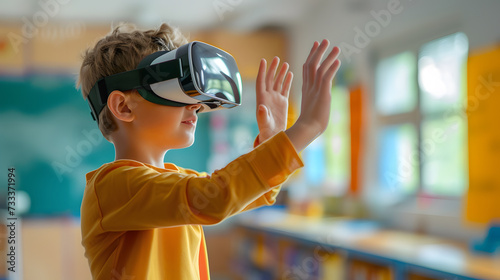 Side view portrait of little boy wearing VR headset and reaching out while testing augmented technology in school laboratory