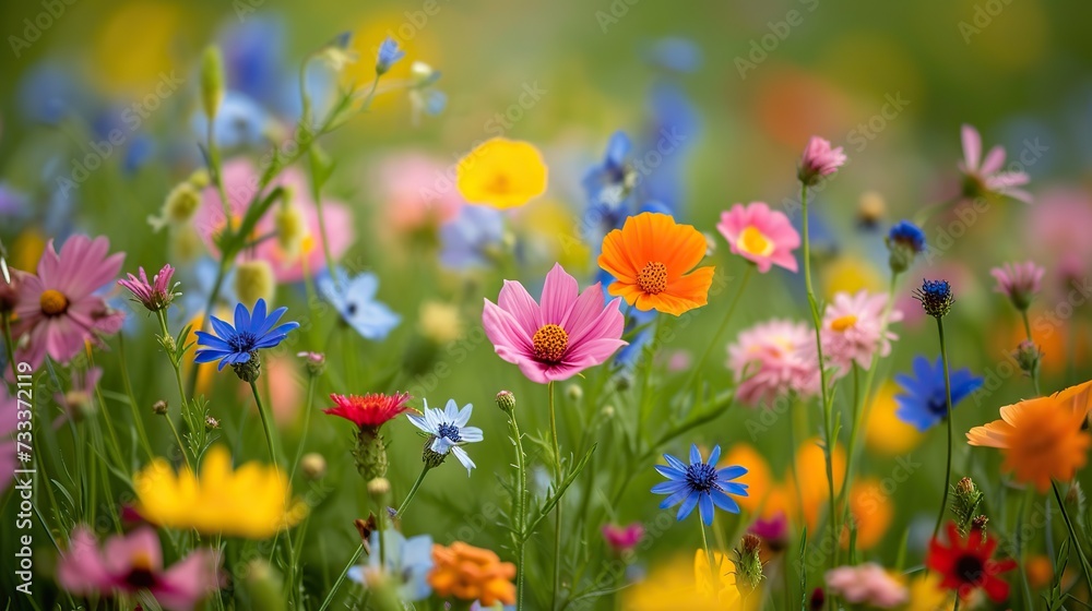 A lively summer meadow dotted with a spectrum of wildflowers, each petal vibrant under the warm, golden sunlight. A lively summer meadow dotted with a spectrum of wildflowers, each petal vibrant under the warm, golden sunlight.