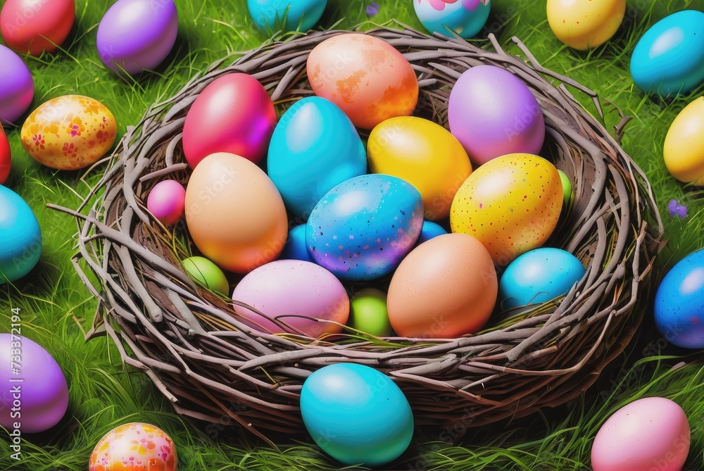 Photograph of a Nest with Colorful Easter Eggs 