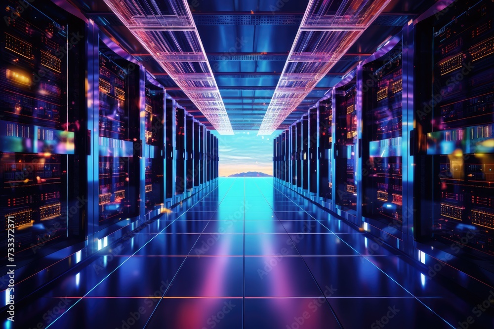 A glowing Network of connections in data center data storage, Data center and network devices in high performance operation, Ai generated