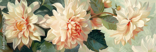 dahlias in full bloom  drawing in shades of cream and pink and soft yellow. banner  floral background  colorful illustration.