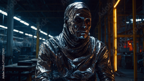 Mumienhaft mit Metallfolie bedeckter Männerkörper in einer dystopischen Umgebung