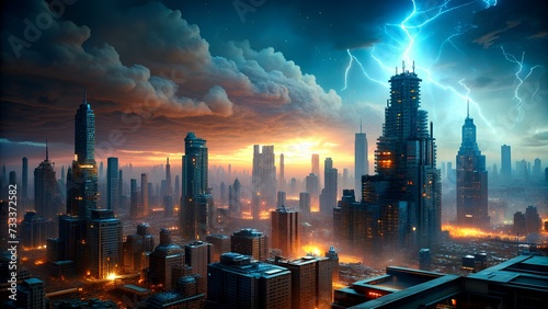 Electrifying Cityscape  A Stunning Fusion of Intricate Electrical Circuits Illuminating the Urban Skyline with Vibrant Energy