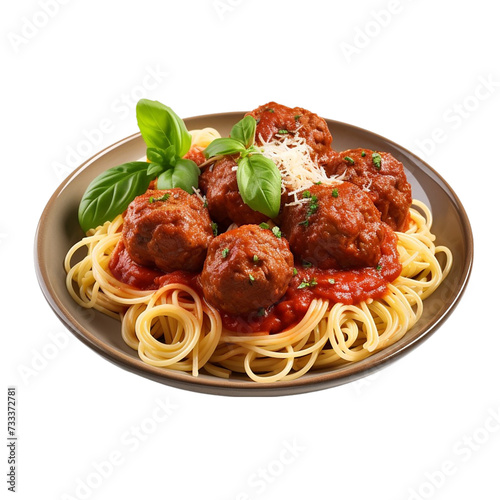 Spaghetti with meatballs on white plate, isolated on transparent