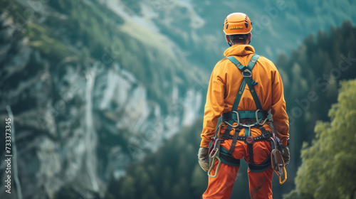 A mountaineer in orange protective gear looking out over a vast mountain landscape.