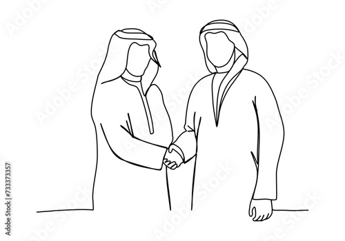 Two muslim men in arabian clothes shake hands, one line drawing vector illustration.