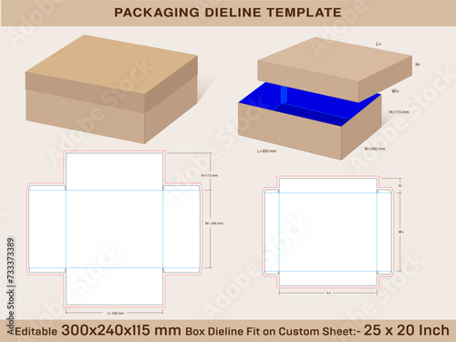 Rectangular Base Box 300x240x115mm, Lid H=45 mm Dieline Template
