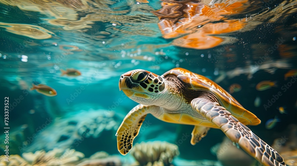 Fototapeta premium Turtle animal swim under water in sea ocean water wallpaper background