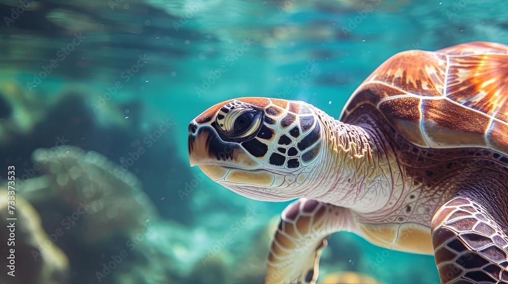 Fototapeta premium Turtle animal swim under water in sea ocean water wallpaper background