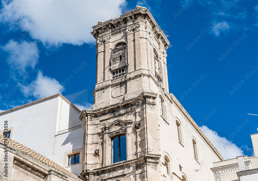 Obraz premium Bell tower of the Church of Santa Chiara (Saint Clare) located in the old town of Bari, Puglia region, southern Italy, Europe