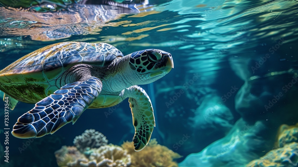 Fototapeta premium Turtle animal swim under water in sea ocean water wallpaper background