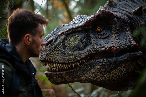 Man looks at dinosaur  ancient extinct animal dinosaur in an ancient forest