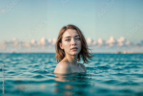 Beautiful young woman swimming in the sea