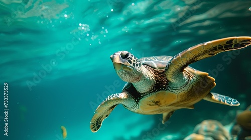 Turtle animal swim under water in sea ocean water wallpaper background © Irina