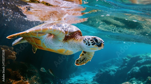 Turtle animal swim under water in sea ocean water wallpaper background © Irina