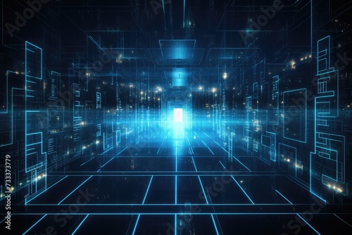 A glowing Network of connections in data center data storage, A modern data center featuring multiple servers, each equipped with glowing LED lights., Ai generated