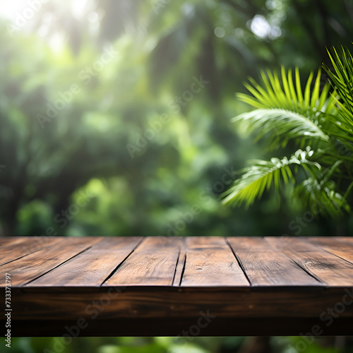 Wooden table with a blur forest background for creative design concept 