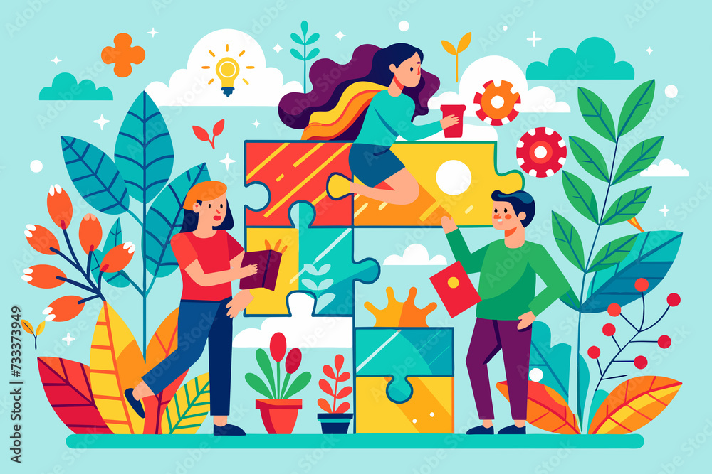 Naklejka premium Hands-on activity that fosters creativity and relaxation by creating unique works of art using puzzle pieces. Reflects imagination. Generative AI.