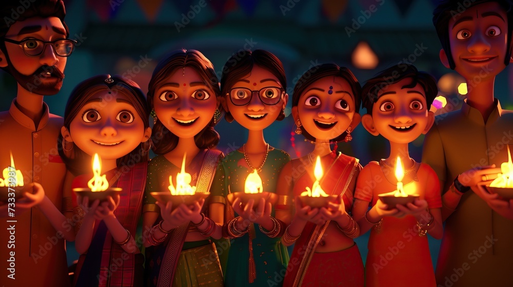 In the image, there's a vibrant celebration featuring animated characters holding small candles with flames, illuminating their smiling faces. The background is adorned with festive lights and banners - obrazy, fototapety, plakaty 