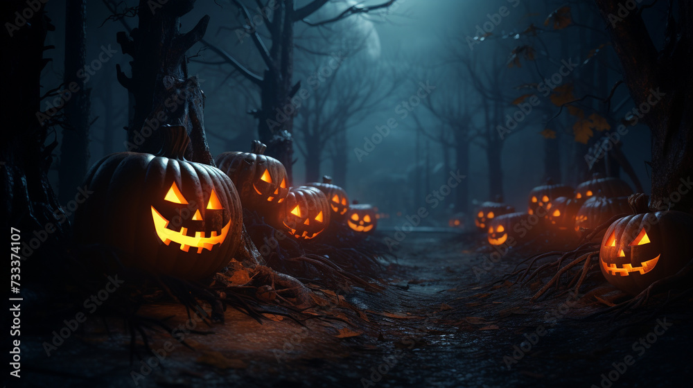 Halloween background with hounted house and pumpkins