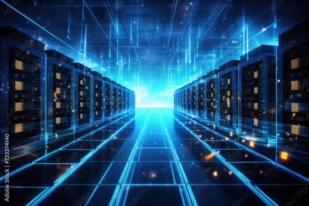A glowing Network of connections in data center data storage, Depict a state of the art data center with rows of server racks - obrazy, fototapety, plakaty 