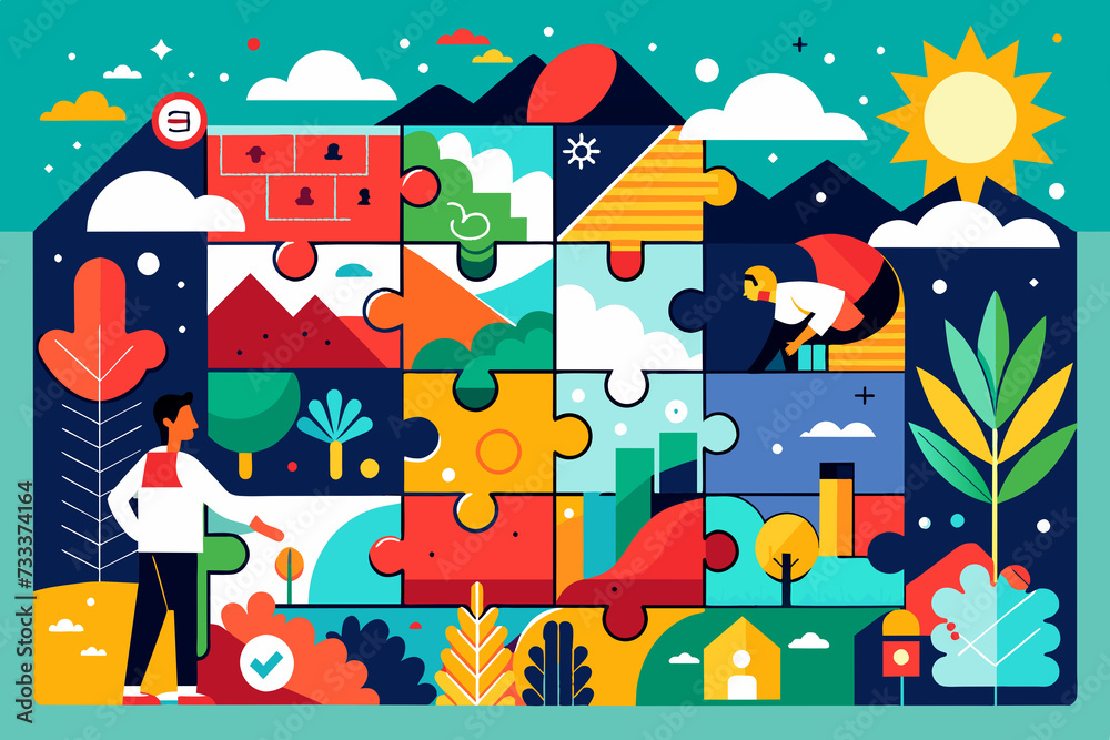 Obraz premium Hands-on activity that fosters creativity and relaxation by creating unique works of art using puzzle pieces. Reflects imagination. Generative AI.