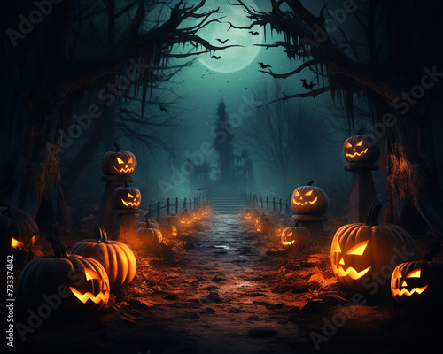 Halloween background with hounted house and pumpkins