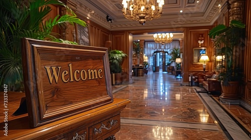 Sign with the text welcome in a hotel. Generative AI