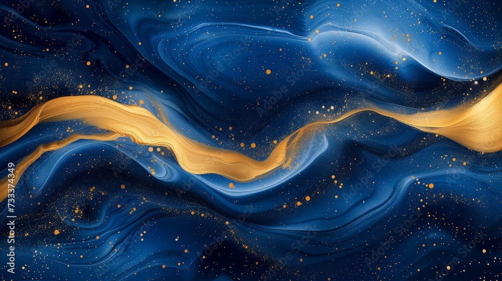 Celestial ribbons of sapphire blue and molten gold entwining in an intricate dance, creating a captivating and cosmic abstract artwork.  - obrazy, fototapety, plakaty 