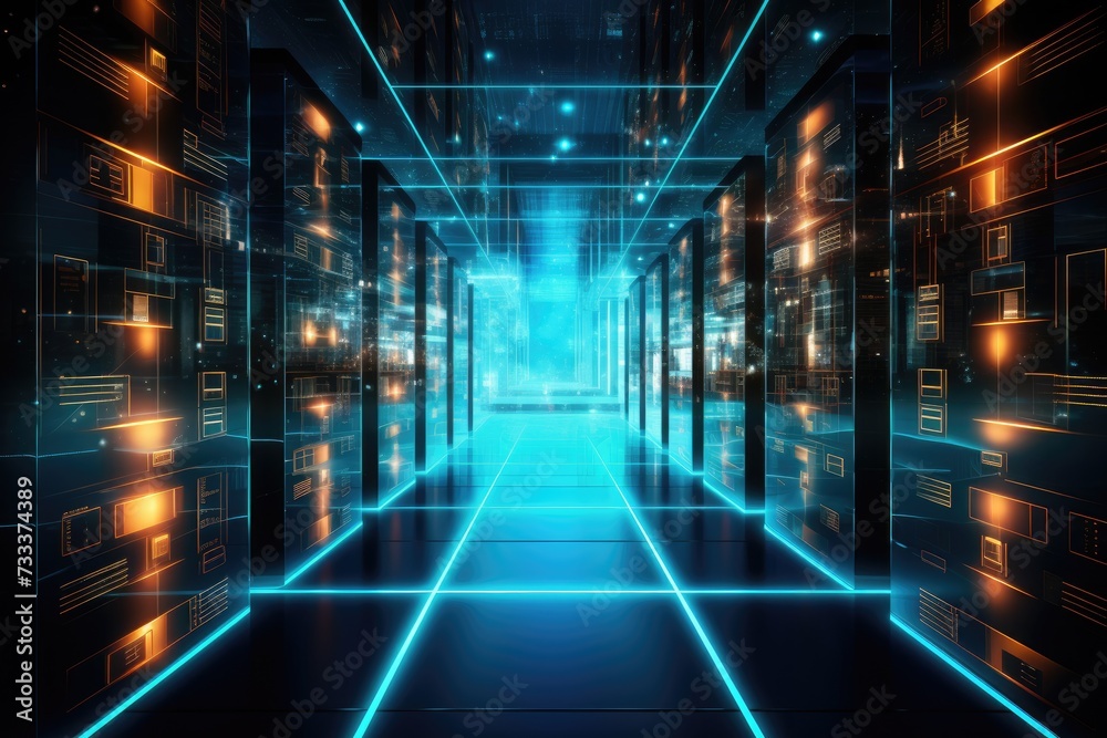 A glowing Network of connections in data center data storage, Depict a state of the art data center with rows of server racks A glowing Network of connections in data center data storage, Depict a state of the art data center with rows of server racks