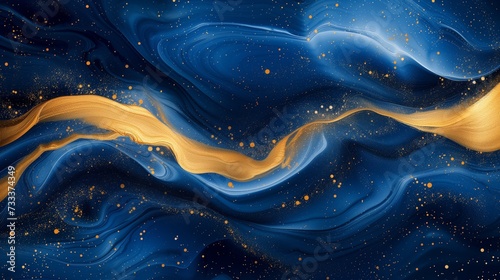 Celestial ribbons of sapphire blue and molten gold entwining in an intricate dance, creating a captivating and cosmic abstract artwork.  photo