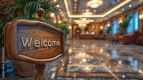 Sign with the text welcome in a hotel. Generative AI