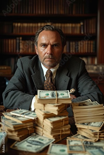 Miserly millionaire in his office with money. Generative AI