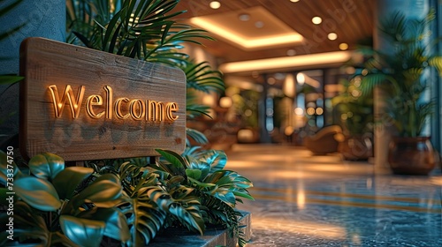 Sign with the text welcome in a hotel. Generative AI