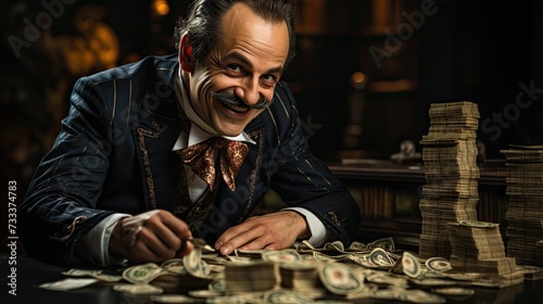 Miserly millionaire in his office with money. Generative AI