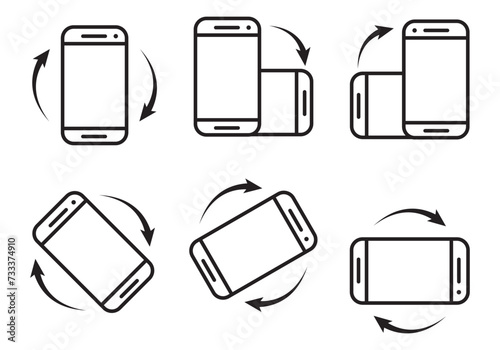rotate mobile phone screen vector icon set. Device rotation with arrow turn smartphone device sign. mobile phone horizontal way symbol. rotate phone button collection.
