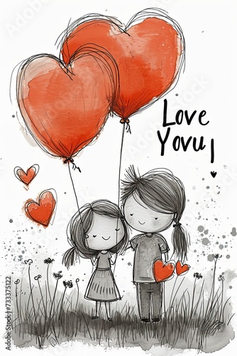Hand drawing of a couple of children with love balloons. Generative AI